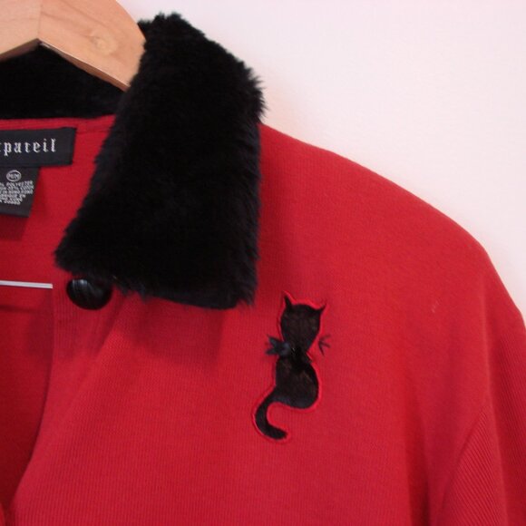 Red Knit Cardigan Sweater Jacket Faux Fur Collar Black Cats Size Medium Large XL - Picture 4 of 11